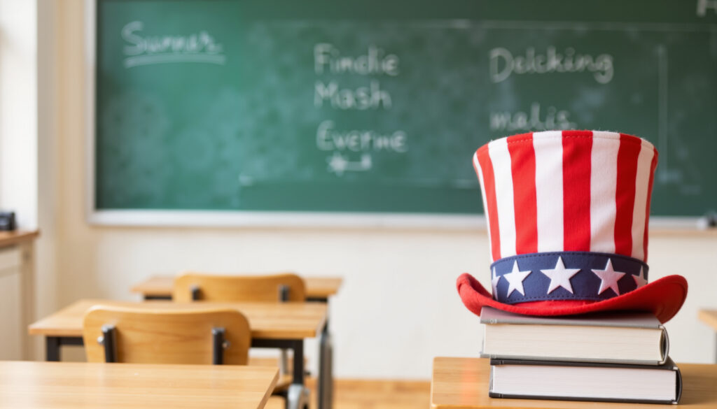 Uncle Sam hat on classroom desk with chalkboard backdrop, education Uncle Sam hat on classroom desk with chalkboard backdrop, education